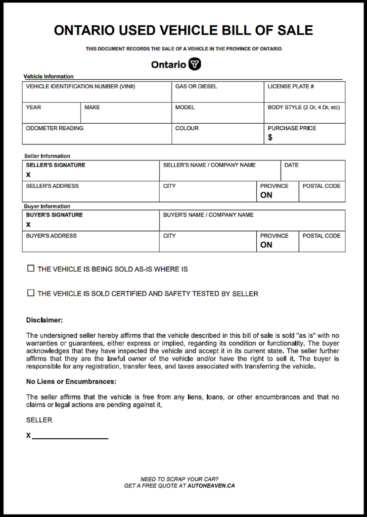 Bill of Sale VS Ownership Ontario