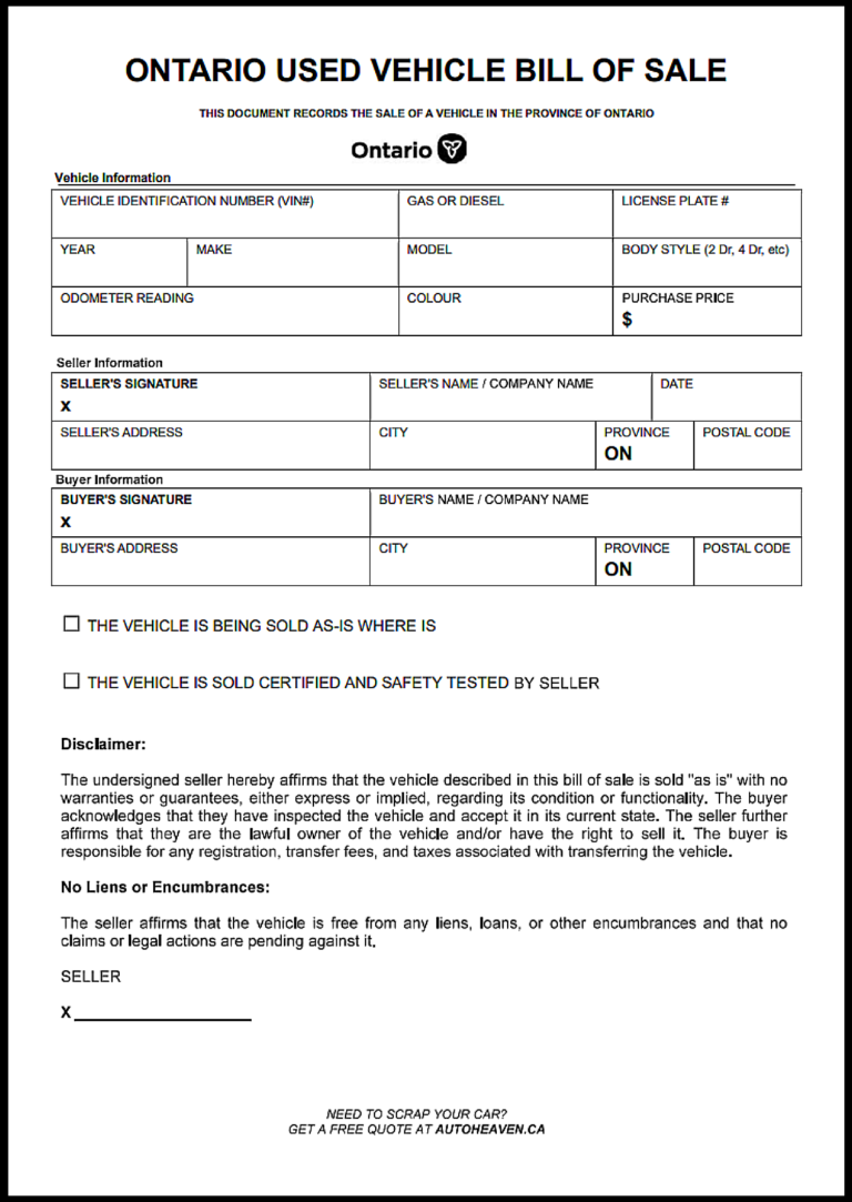 Ontario Car Bill of Sale