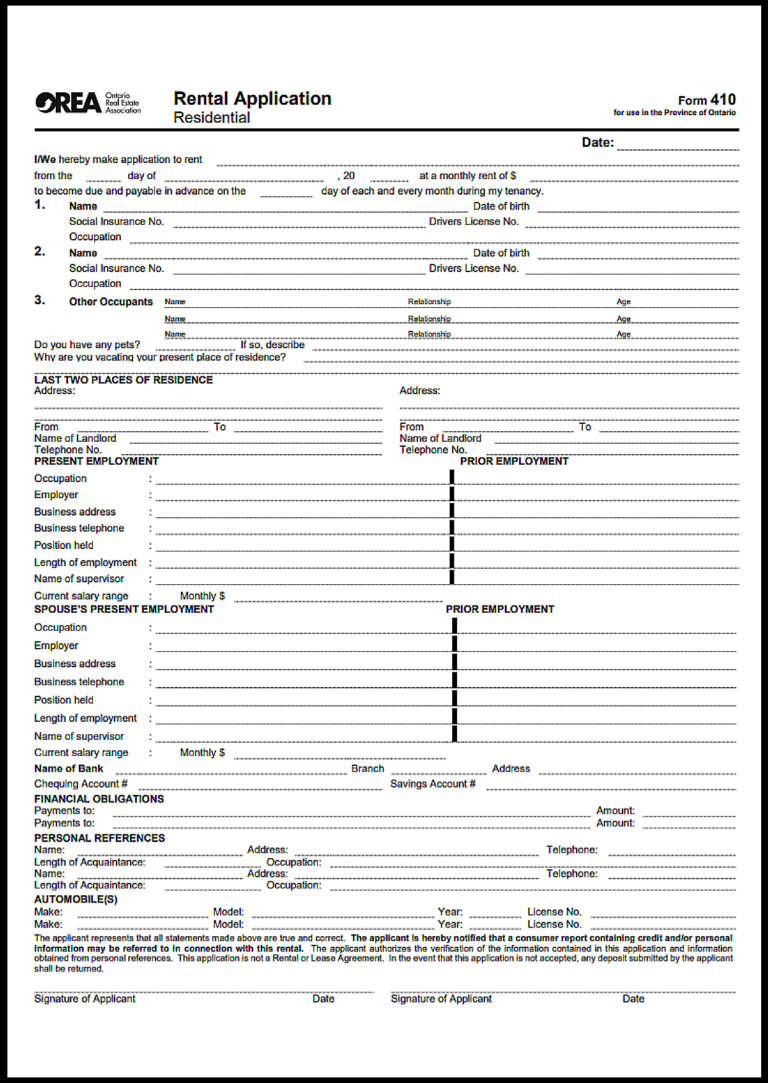 Ontario Rental Application