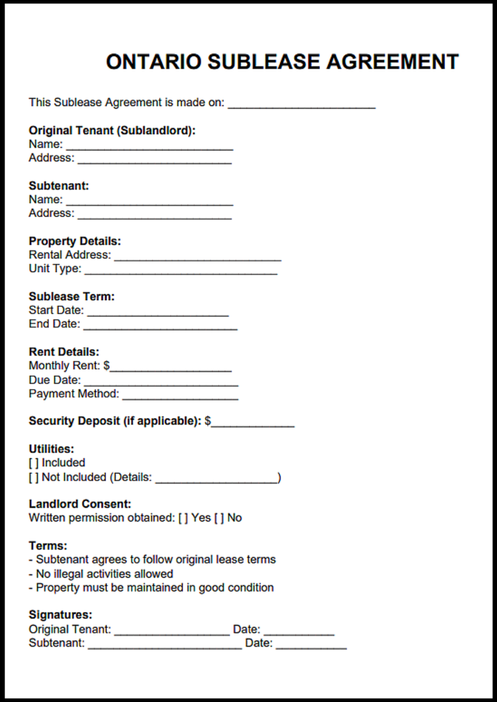 Ontario Sublease Agreement