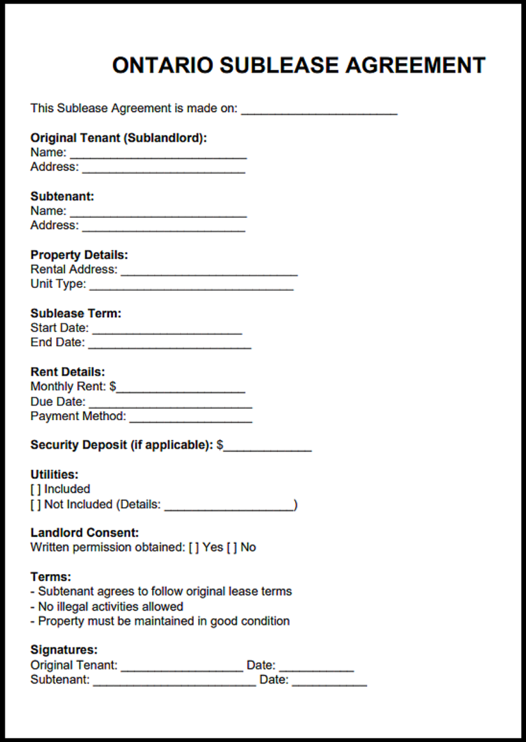 Ontario Sublease Agreement