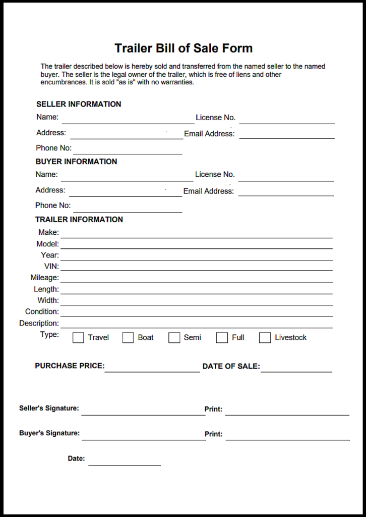 Ontario Trailer Bill of Sale