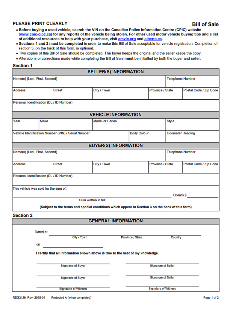 Alberta Car Bill of Sale