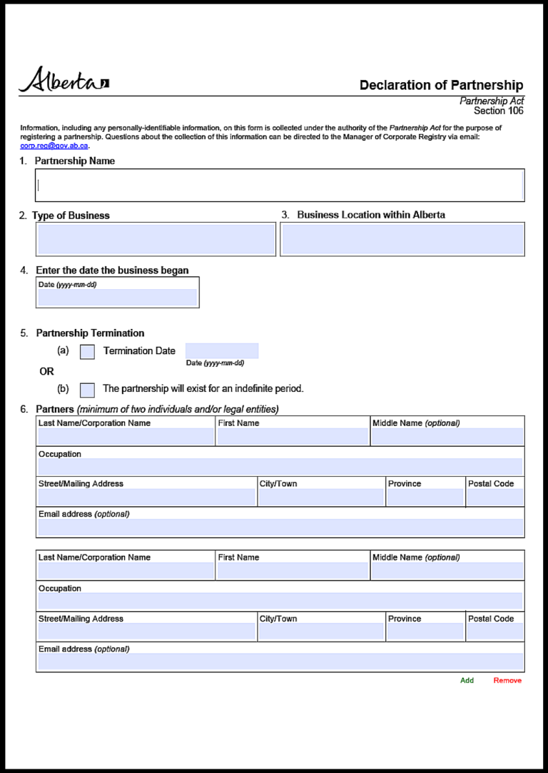 Alberta Partnership Agreement