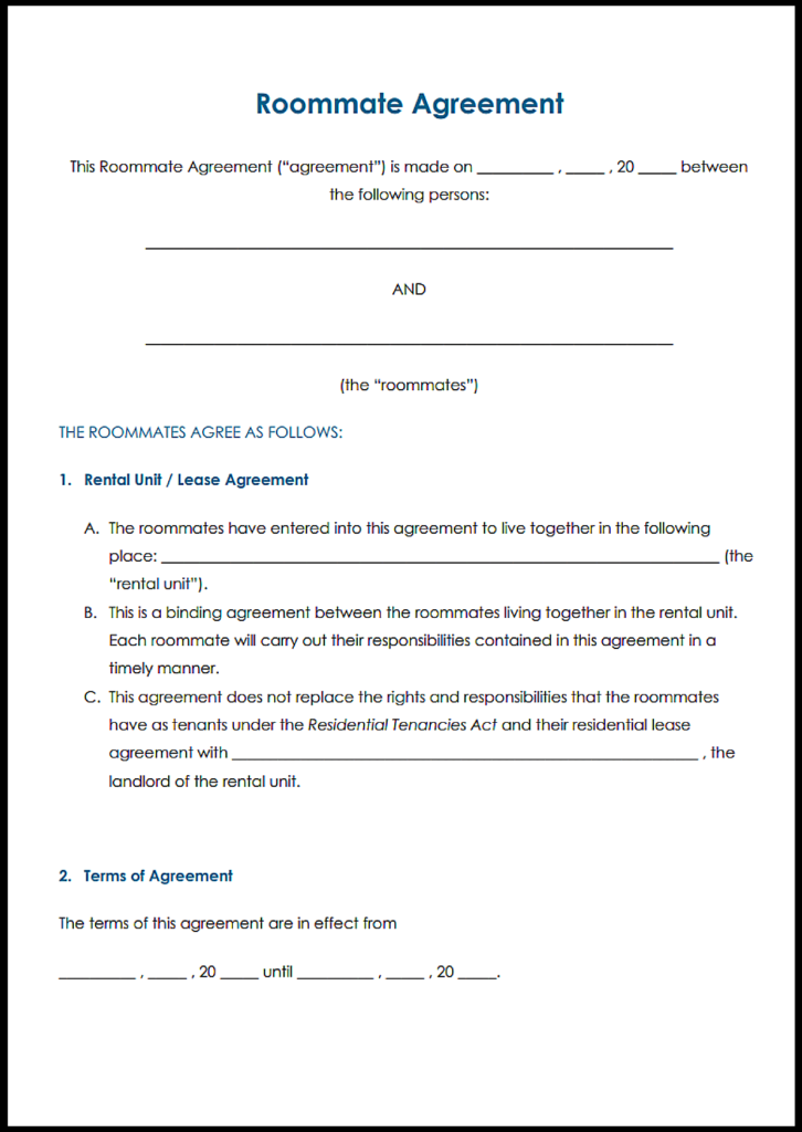 Alberta Roommate Agreement