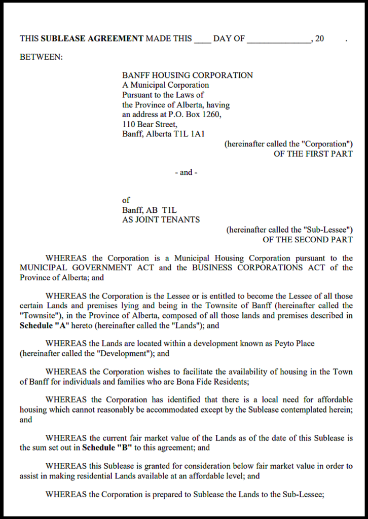 Alberta Sublease Agreement