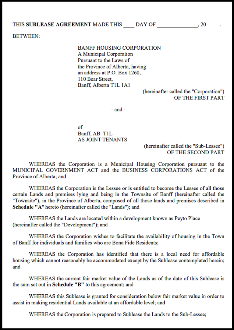 Alberta Sublease Agreement