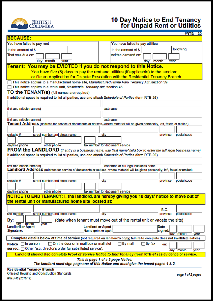 British Columbia Eviction Notice