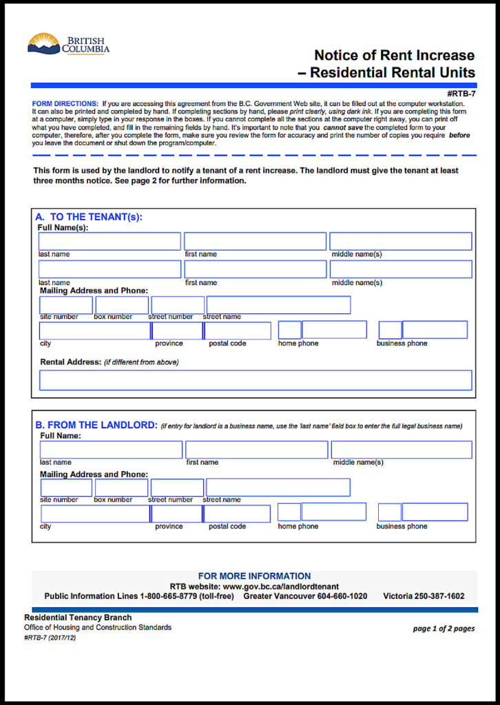 British Columbia Rent Increase Notice
