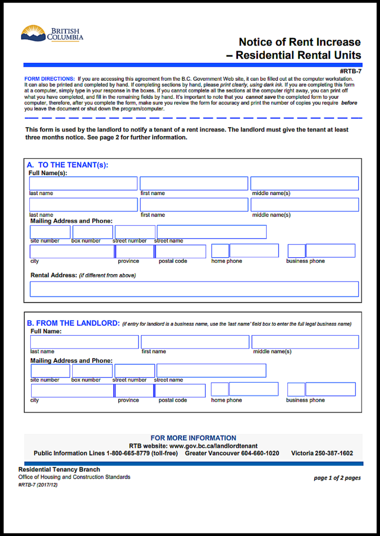 British Columbia Rent Increase Notice