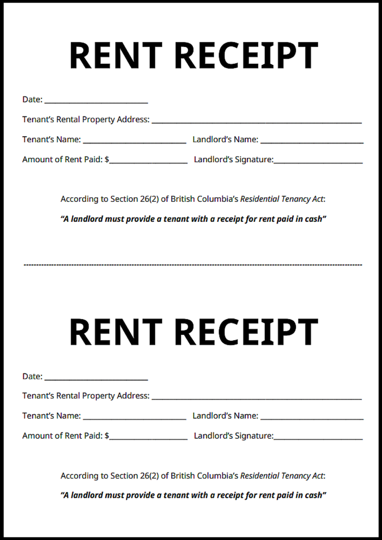 British Columbia Rent Receipt