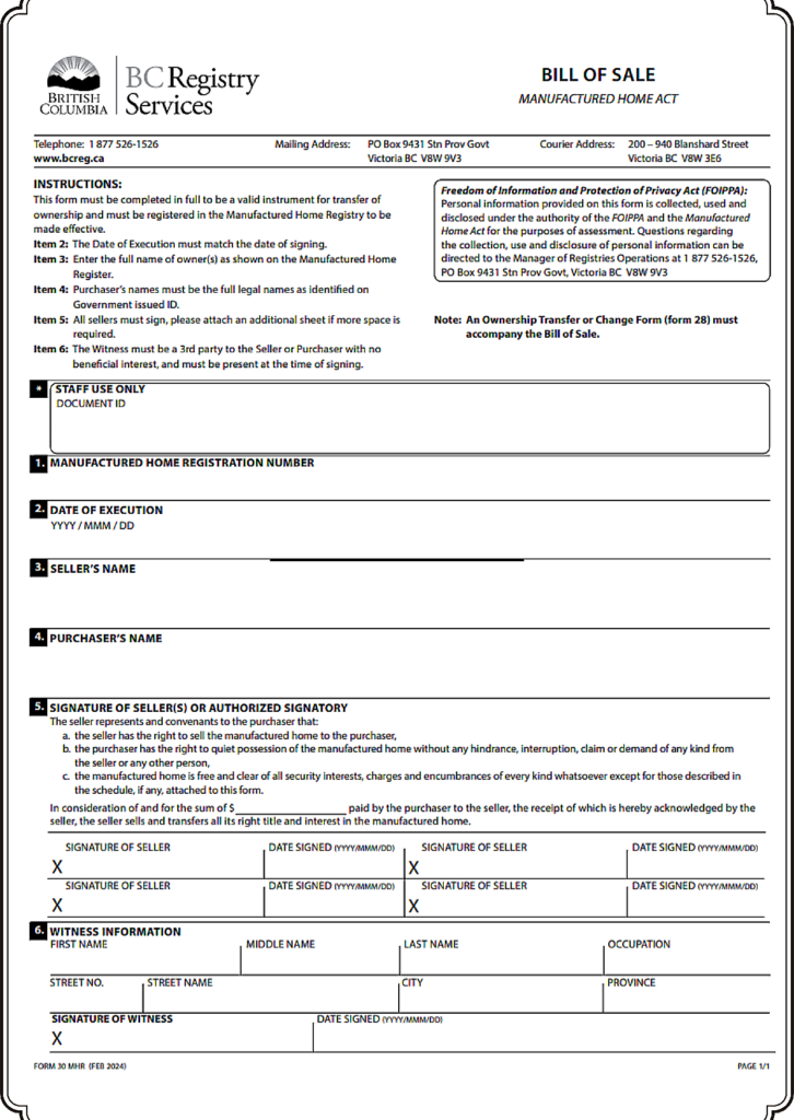 British Columbia Vehicle Bill of Sale 