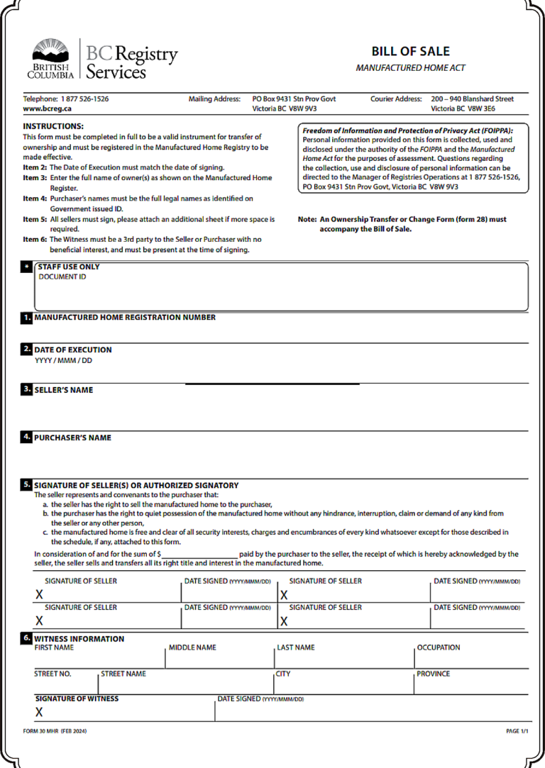 British Columbia Vehicle Bill of Sale