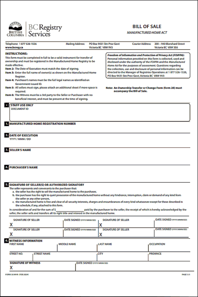 British Columbia Motorcycle Bill of Sale