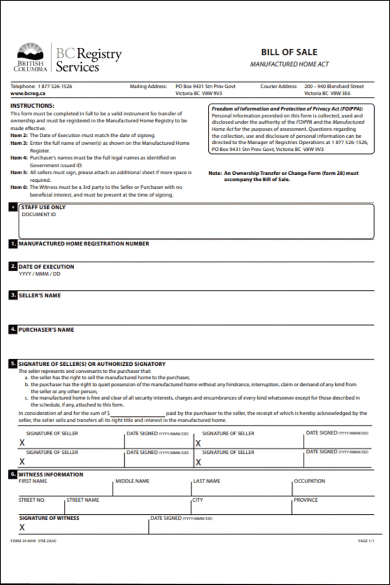 Free Motorcycle Bill of Sale Template (British Columbia)
