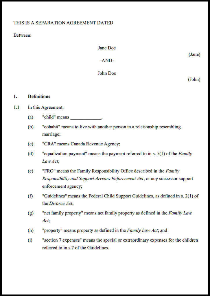 Ontario Separation Agreement