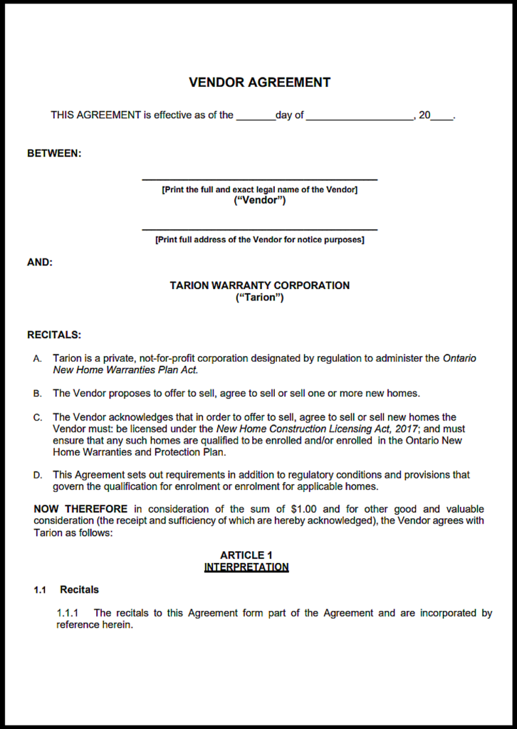 Ontario Vendor Agreement