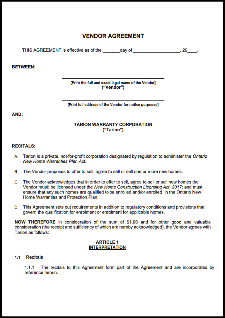 Ontario Vendor Agreement
