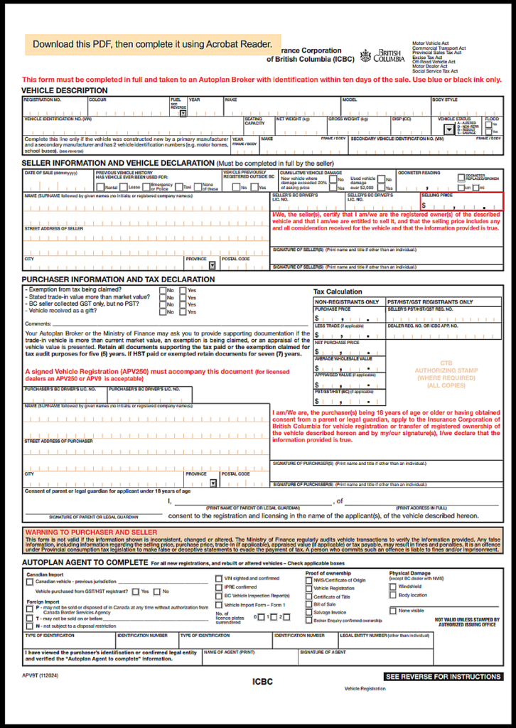 British Columbia Car Bill of Sale Template