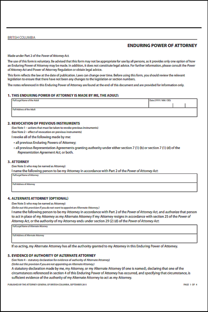 British Columbia Financial Power of Attorney