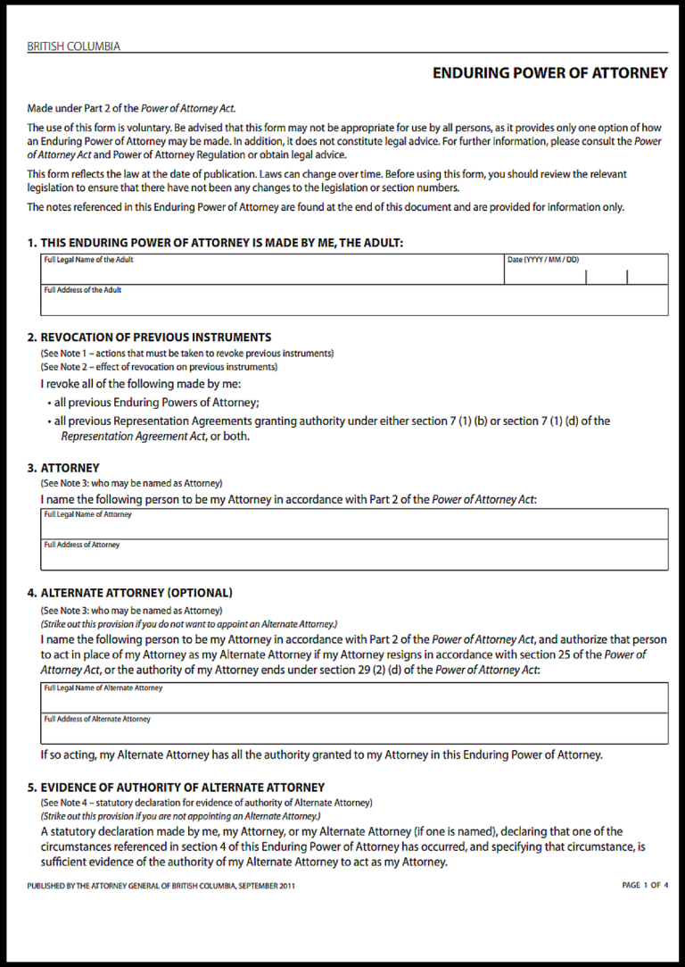 British Columbia Power of Attorney
