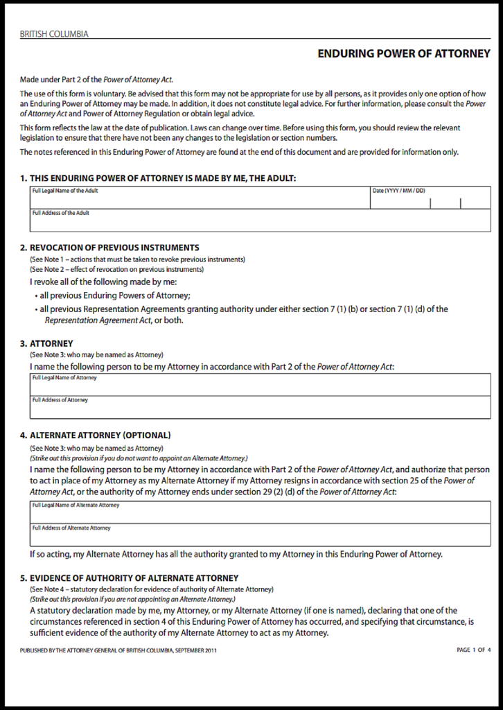 British Columbia Power of Attorney Form