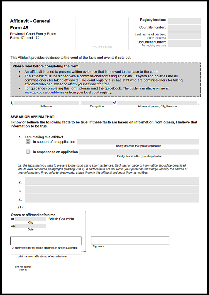 British Columbia Sworn Affidavit