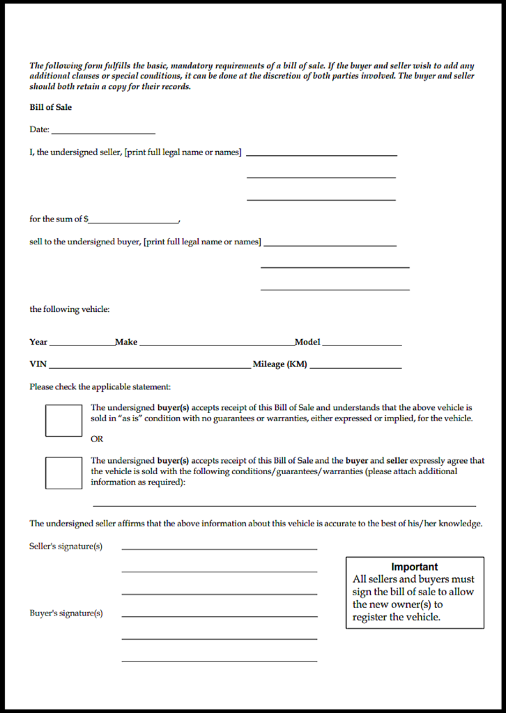 Manitoba Car Bill of Sale
