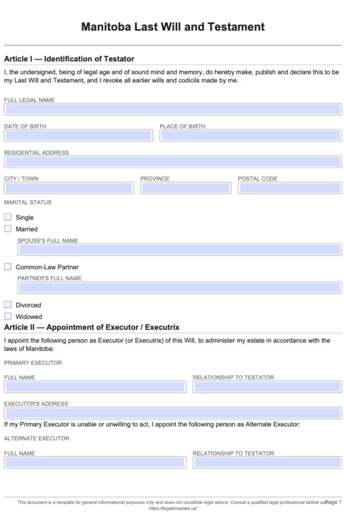 Manitoba Last Will and Testament