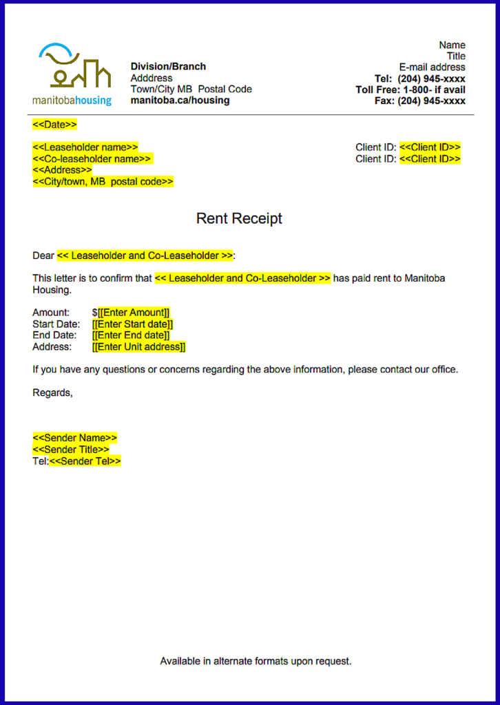 Manitoba Rent Receipt