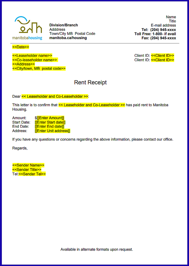 Manitoba Rent Receipt