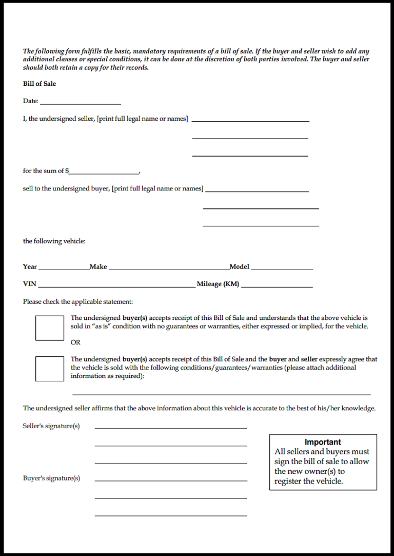Manitoba Vehicle Bill of Sale