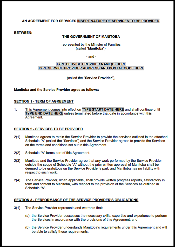Manitoba Vendor Agreement