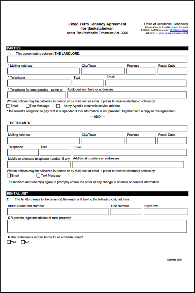 Saskatchewan Lease Agreement