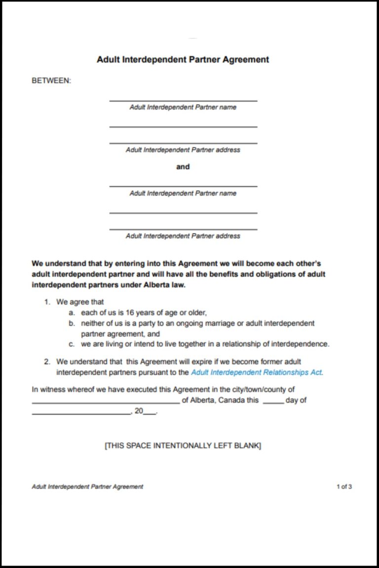 Adult Interdependent Partner Agreement Alberta