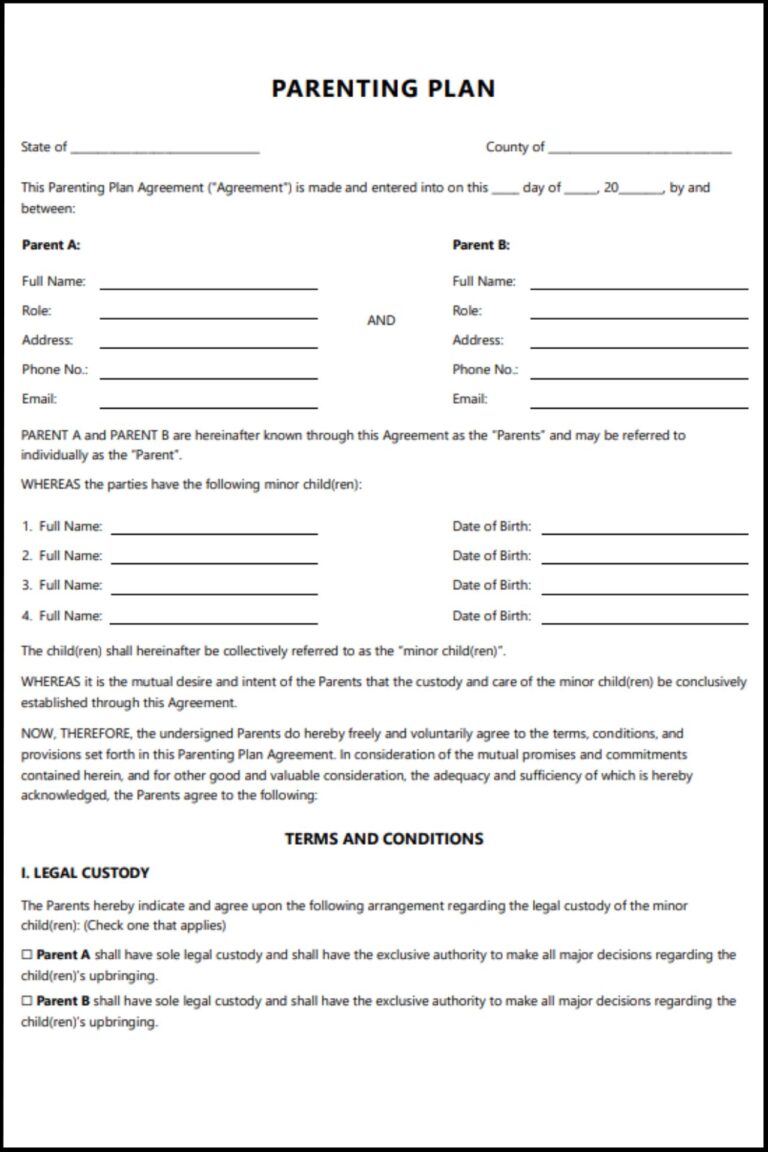 Alberta Parenting Plan Template