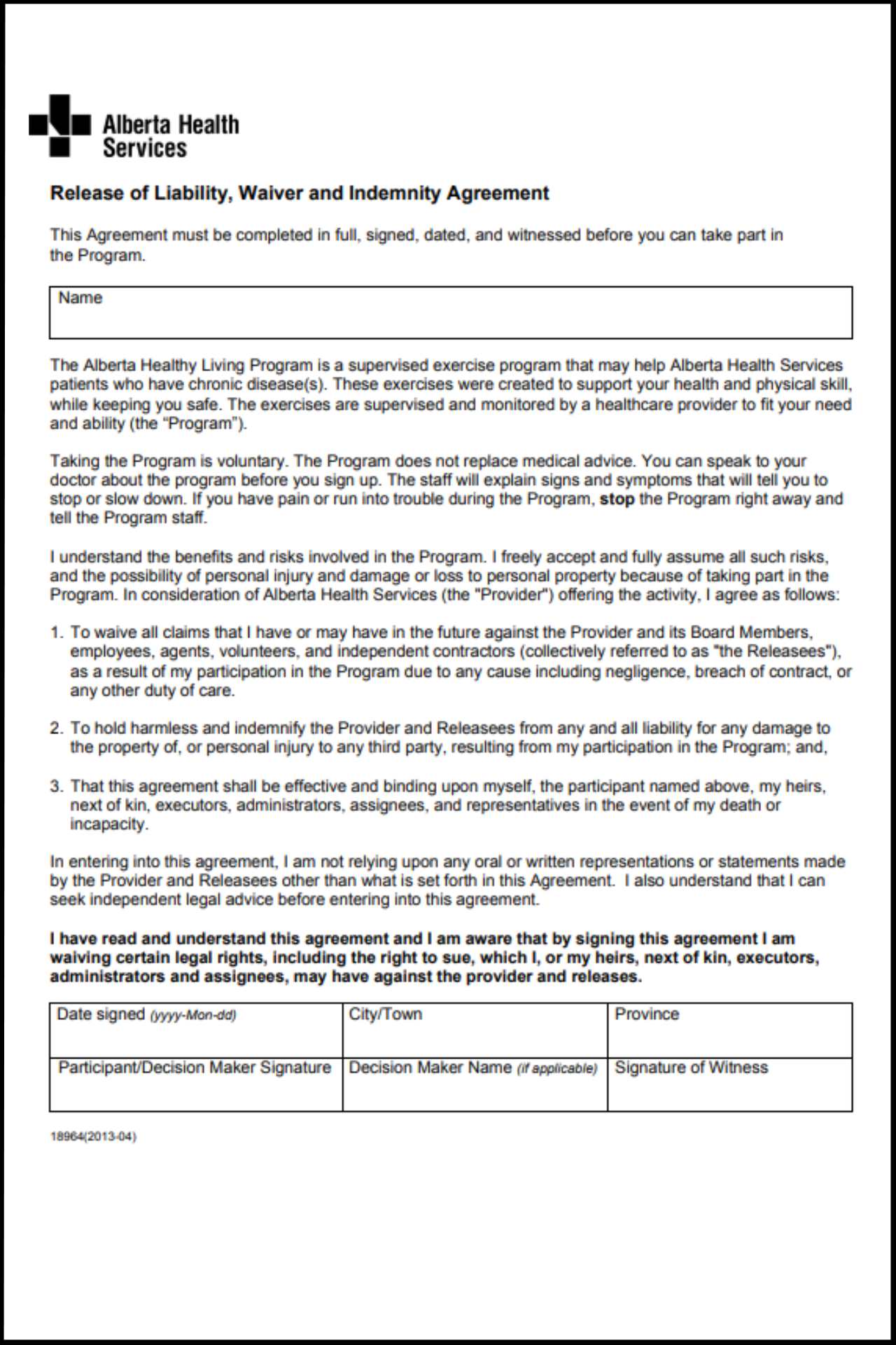 General release of liability Alberta