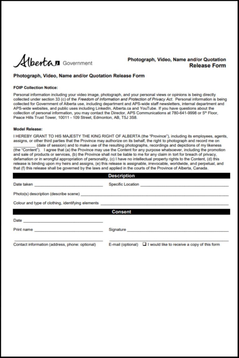 Photo Release Form Alberta