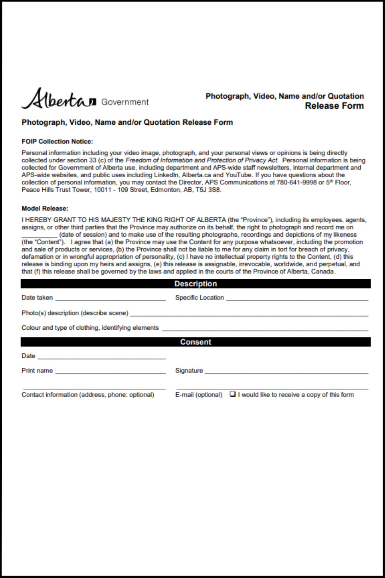 Photo Release Form Alberta